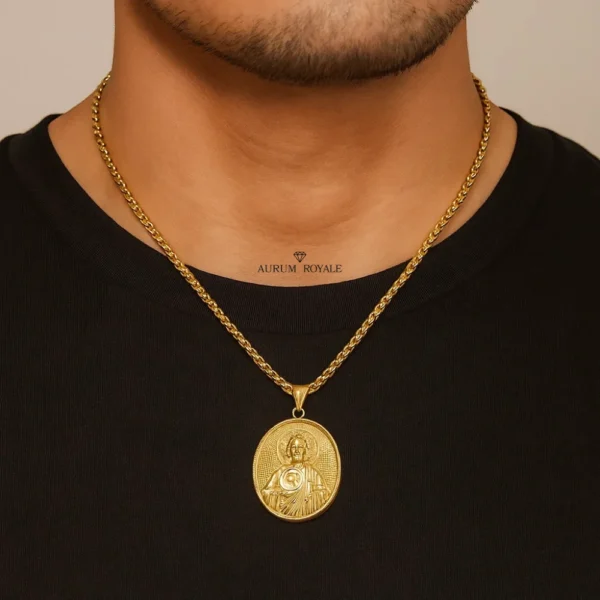 Cadena de oro laminado estilo trigo con dije de San Judas Tadeo HOMBRE