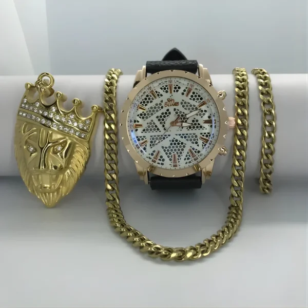Combo estilo cubano, cadena, dije leon y pulsera en oro laminado