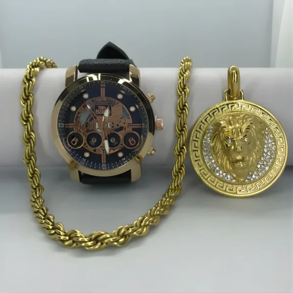 Combo estilo lazo en oro laminado 18k con dije de león y reloj