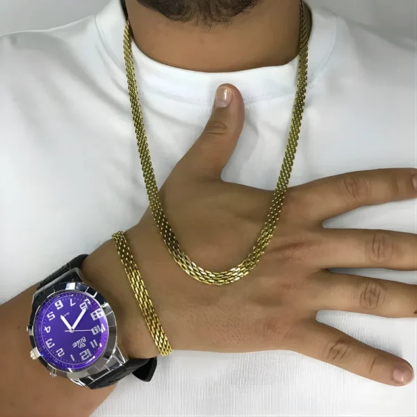 Combo estilo tejido chino en oro laminado 18k con dije y reloj de lujo