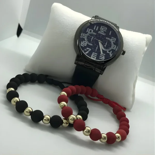Combo manillas tejidas en oro laminado + reloj