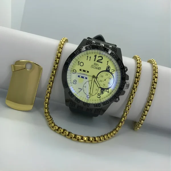 Combo pulsera y cadena estilo veneciano en oro laminado + reloj y placa