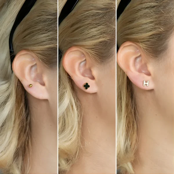 Juego de aretes H, trébol y topo oro laminado 18k