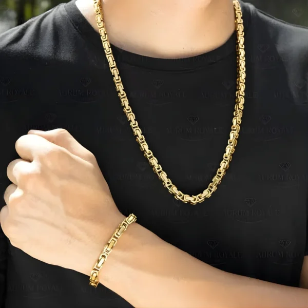 Set masculino con cadena y pulsera estilo rústico en oro laminado 18k.