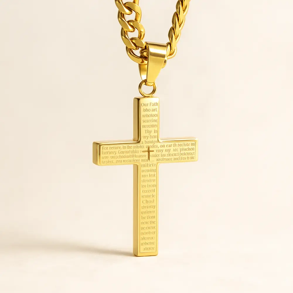 dije cruz letras en laminado 18k