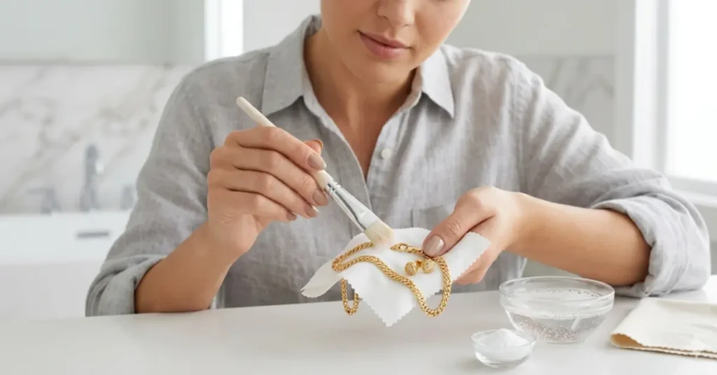 Mujer limpiando joyas en oro laminado de alta calidad de Aurum Royale en casa